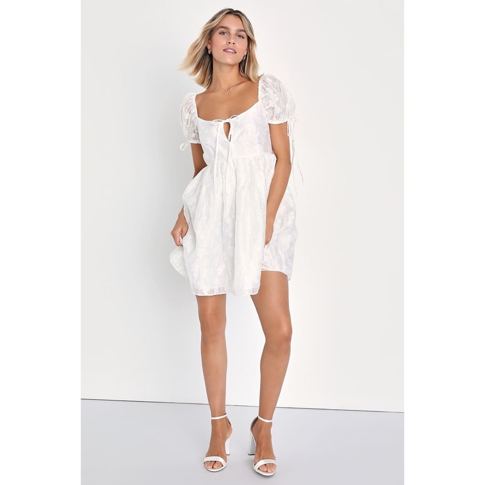 Lulus Exceptionally‎ Angelic White Floral Puff Sleeve Mini Dress Jacquard XS